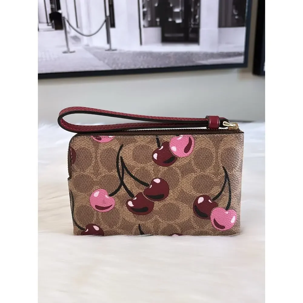 Coach Cherry Print Signature Wristlet in Brown and Pink - Picture 2 of 4